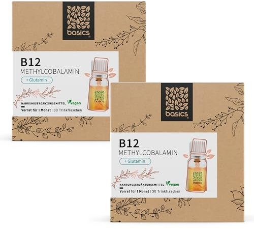 basics Vitamin B12 Methylcobalamin Monatskur, 30 x 10ml Fläschchen - hochdosiertes Vitamin B12 & Glutamin - zur Verringerung von Müdigkeit und Erschöpfung - in Deutschland produziert - 2er Pack