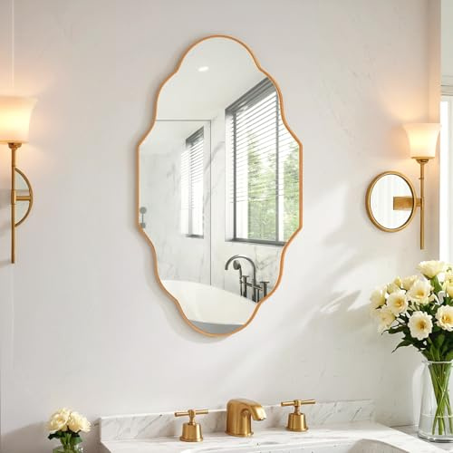 MAMIZO Unregelmäßiger dekorativer Wandspiegel, Gewellter Badezimmerspiegel, 66 x 116 cm, zur Wanddekoration, gehärtetes Glas mit gebürstetem Alu, geeignet für Wohnzimmer, Schlafzimmer, Schminktisch