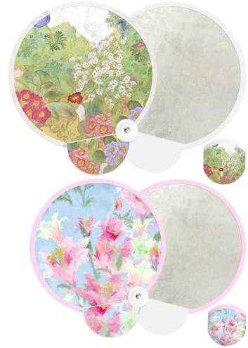 FOSDICK 2 PCS Round Folding Fan, Flowers Small Hand Fan Folding, Foldable Round Fans, Portable Summer Handheld Foldable Fans with Case for Wedding Party Home Decor Personal Decoration