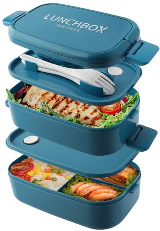 Bento Lunch Box Impilabile,Contenitori da 1400 ml con 4 scomparti e posate, scatole a 2 strati a prova di perdite, per adulti, bambini, ufficio, lavabili in lavastoviglie e microonde (Blu Puro)