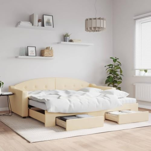 Teenpull Ausziehbares Tagesbett, 90x200 cm, mit Schubladen, Cremefarbener Stoff, Robustes Bettgestell für Schlafzimmer und Gästezimmer, Komfortable Doppelliege, Moderne Möbel