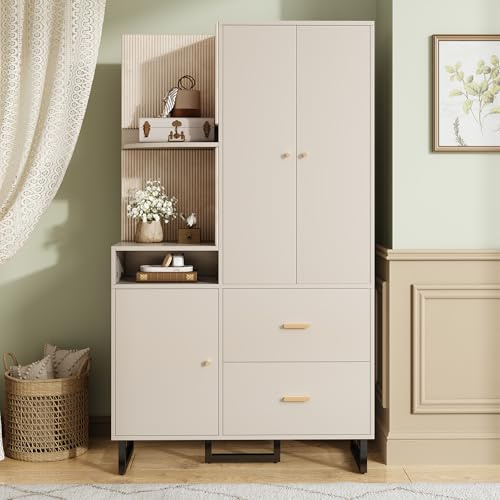 Soweiz Perchero para pasillo, armario de pared, estantería y pasillo, armario con paneles acolchados, zapatero, 110 x 186 x 38 cm (ancho x alto x profundidad) (gris beige)