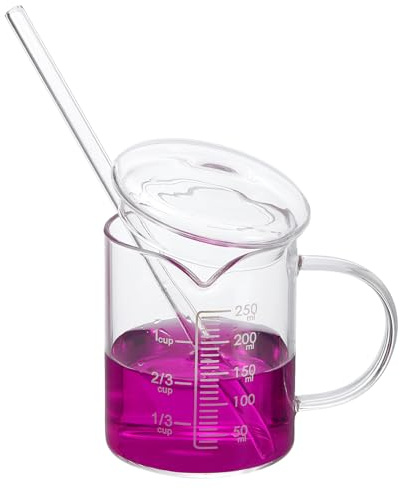 PATIKIL 250ml Glass Measuring Cup, Borosilicate Glass Beaker Graduated Liquid Measure Cups with Glass-Lid Straw V-Shaped Spout for Kitchen Drinking Restaurant, White Printed Scale