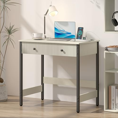 Manora 80cm Breit Schreibtisch Weiss mit Schubladen,Computertisch,Bürotisch,Holz Tisch mit Ladefunktion für Studie & Büro