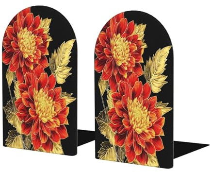 Lot de 2 serre-livres en bois pour étagères Motif dahlias Rouge et doré