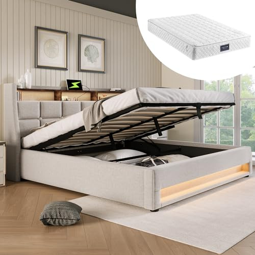 kozamas Letto imbottito 140 x 200 cm, letto matrimoniale completo con materasso, illuminazione a LED e porta USB, struttura del letto in stile scandinavo, con vano portaoggetti, in lino beige per un