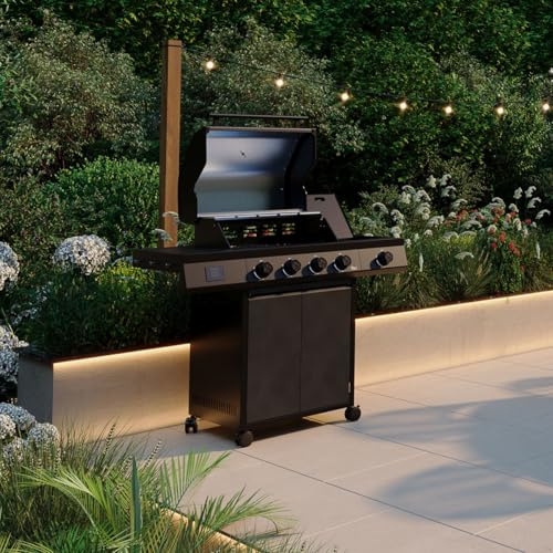 CHARLES BENTLEY ottimo Pro 380 4-Burner Gas BBQ With Infrared Side Burner, Digital Thermometer, Cast-Iron Cooking Grids, Flat Grill Plate, Matt-Grey Double-Layer Lid & Storage Cabinet (123x58x119cm)