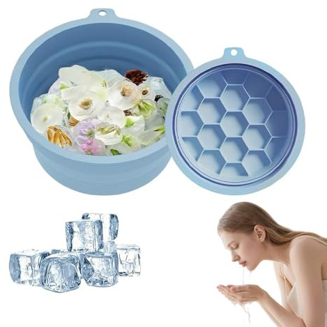 SDFWGG Cuenco Facial para Hielo Lavabo Plegable de Cuenco Rostro Baño de Hielo Molde Redondo para Lavado Facial Cuidado Diario (Azul)