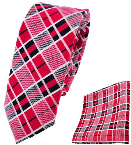 TigerTie - schmale Designer Krawatte Designer Einstecktuch in rot verkehrsrot schwarz silber grau kariert