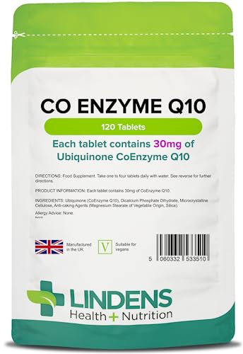 Lindens - Coenzyme Q10 30mg - 120 Tablets - UK Made - Popular for Statin Users | Protection from Oxidative Stress | CoQ10 Ubiquinone | Ubiquinol | Letterbox Friendly, Vegan
