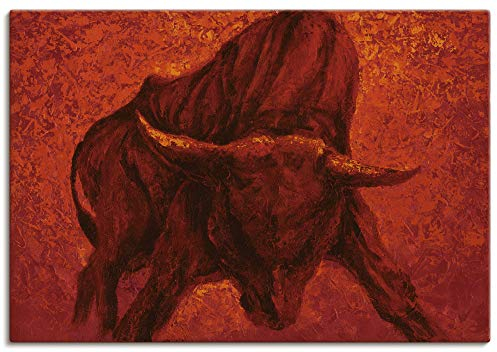 ARTLAND Wanddeko Leinwand Bilder Wandbild 100x70 cm Stier Tiere Spanien Stierkampf Katalonien Malerei Modern Rot T4IU