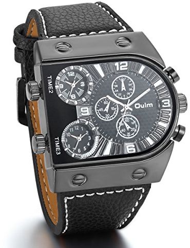 JewelryWe Mens Oversize 3 Time Zone Military Sport Leather Quartz Watch, Black