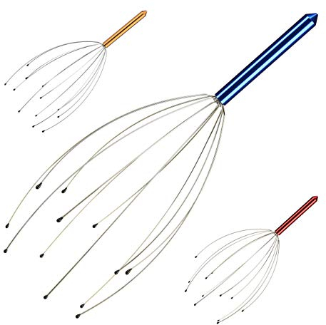 Relaxdays Kopfmassagegerät, 12 Ausleger mit Noppen, Massagegerät für den Kopf, Kopfmassierer, Kopfkrauler, Metall, blau