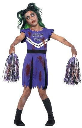 Smiffys Finsterer-Cheerleader-Kostüm, Lila & Schwarz, mit Kleid & Pompons