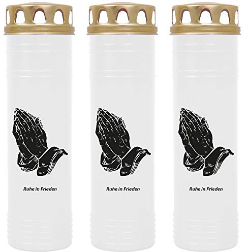 HS Candle Grabkerze - 3er Pack - (Weiß) Grablicht ca. 7 Tage Brenndauer je Kerze - Motiv: Hände
