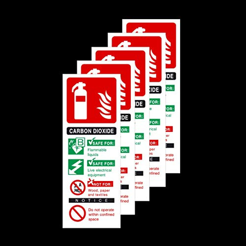 5x Carbon Dioxide (CO2) Fire Extinguisher ID 85x210mm Rigid Plastic Signs
