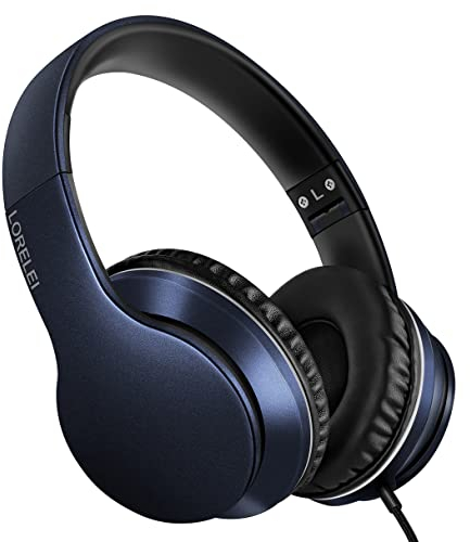 LORELEI X6 Over-Ear Headphones With Microphone, Lightweight Foldable & Portable Stereo Bass With 1.45M No-Tangle, Wired for Smartphone Tablet MP3/4 (Dark Blue)