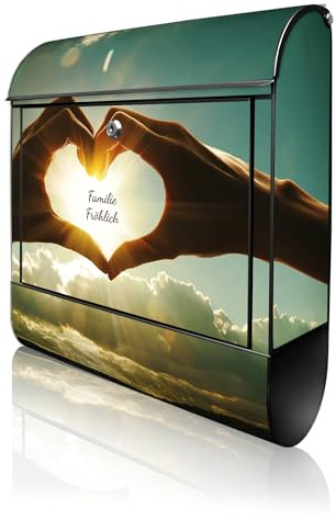 banjado Design Briefkasten personalisiert 38,5x46,5x13cm & 2 Schlüssel - Briefkasten Stahl Schwarz Zeitungsfach pulverbeschichtet - Postkasten A4 Einwurf inkl. Montagematerial - Motiv Sonne im Herzen