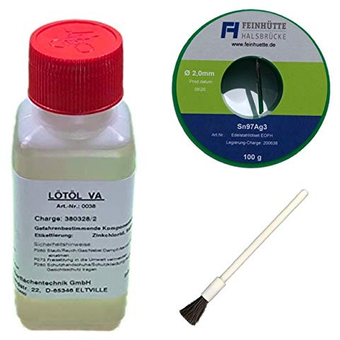 EO-FH Profi-Edelstahl Lötset Nr. 1, 100 ml Flusmmittel/Lötöl VA + Pinsel + 100 g Lötzinn Legierung Sn97Ag3