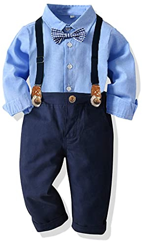 Yokald Baby Jungen Anzug Bekleidungssets Kleid Strampler hosenträger Fliege Krawatte 4tlg Anzug Gentleman Festliche Taufe Hochzeit Langarm Baby Kleikind 6 Monate 6 Jahre (Blue005, 12-18 Monate)