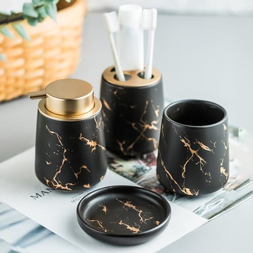 Ceramic Bathroom Accessories Set - 4 Piece Creative Bath Set with Toothbrush Holder, Toothbrush Cup, Soap Dish, Soap Dispenser, Bathroom Counter Accessories Sets （Matte Black)