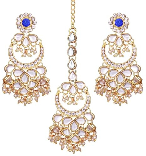Aheli Kundan Pearl Chandbali Earrings with Maang Tikka Indian Traditional Bollywood Fashion Jewelry Set Gift for Women