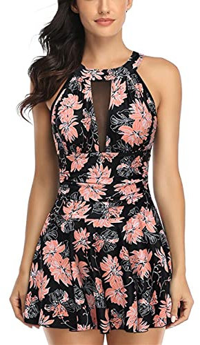 LERUCCI Damen Badeanzug Einteiler Badeanzüge Bauchweg Tankini Badeanzug Hoher V-Ausschnitt Mesh Rüschen Badeanzug, A1-floral schwarz 1, Large