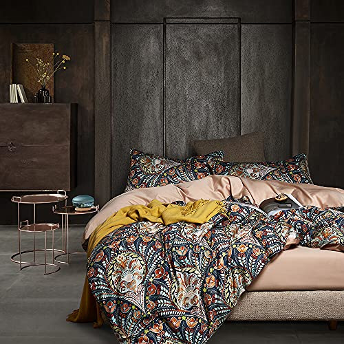 Cupocupa King Duvet Cover Set - 3pc Dark Navy Paisley Boho Bedding - Luxury Art Deco Floral Botanical Print, Soft Microfiber Reversible Quilt Cover with Pillowcases (King, 104x90)