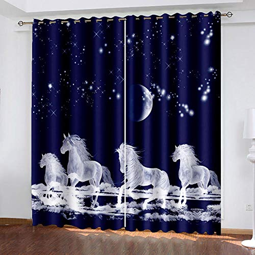 XDJQZX Vorhänge Blickdicht 3D Die Kunst Der Blauen Und Weißen Pferde Druck Muster Ösenvorhang Für Schlafzimmer Wohnzimmer Kinderzimmer Fensterdekoration 200X160 cm 2Er Set Thermo Verdunklungsvorhänge