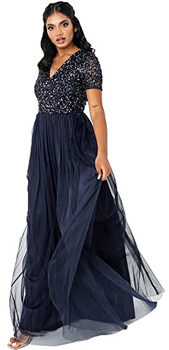 Maya Deluxe Abendkleid mit Pailletten Cocktailkleid Damen mit V-Ausschnitt Tüllkleid