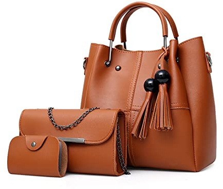 FANDARE Mode Damen-Henkeltaschen Wasserdicht Eimer Tasche Schultertaschen Umhängetaschen 3-teiliges Set Handtasche mit Fransen PU-Leder Kette Messenger-Tasche für Reisen Einkaufen Arbeiten Braun