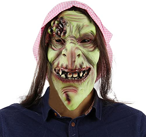 TINAYAUE Grüne Hexenmaske Masken der Alten Hexe Alte Hexenmaske mit Haaren und Kopftuch Gruselige Zauberermaske Realistische Menschenkopf Latex Maske für Halloween Karneval Ostern Cosplay