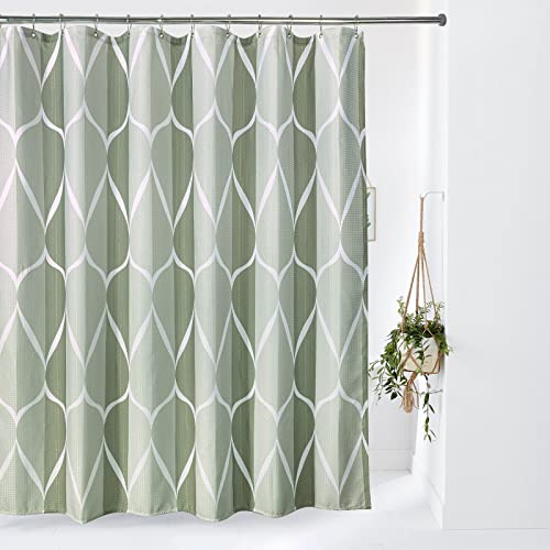 VANZAVANZU Geometrisch Duschvorhang mit Metall Duschvorhangringe Stoff Textil Badewannenvorhang Anti Schimmel Bad Vorhang Set Wasserdicht Schwerer Badewanne Vorhang - 182 x 182cm (Grün)
