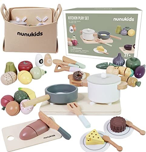 nunukids Wooden Play Food Sets for Kids Kitchen 42 pc Wooden Toys with Storage Basket Wood Pretend Food Play Kitchen Accessories Set