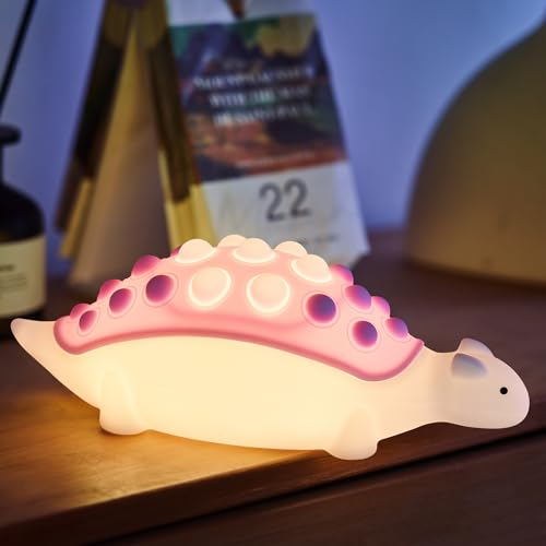 SALUOKE Dino Lampe, Dinosaurier Nachtlicht Kinder, 7 Farben Stilllicht Dimmbar mit Timer, Touch-Steuerung Silikon Nachtlampe, USB-Aufladbar Led Nachtlampe, Nachtlicht Kinderzimmer Deko