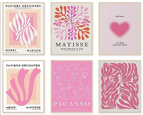 Matisse Wandkunstdrucke 6er Set, abstrakte Matisse-Wandkunst-Ausstellung, Picasso-Poster, minimalistische Leinwand-Kunstdrucke, Beige, Rosa, Raumdekoration, Hot Pink, ästhetische Raumdekoration für
