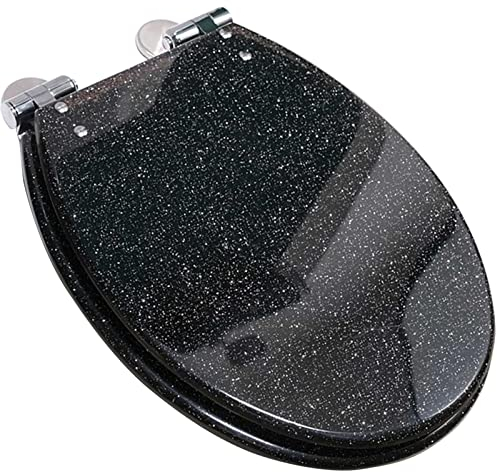 Toilettendeckel, Glitzer-WC Sitz mit Absenkautomatik, Ovaler Toilettensitz mit 360-Grad-verstellbarem Edelstahlscharnier, Quick Release Einfache Reinigung, Toilettenbrille Motiv Klodeckel Black