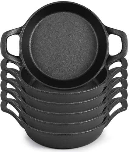 Ziliny Mini Cast Iron Skillets 6.3 x 6.3 x 1.5 Inch Cast Iron Pan Small Ramekin Set Black Casserole Dish Cookware Oven Safe Mini Skillets for Kitchen Indoor Outdoor Picnic (6 Pack)