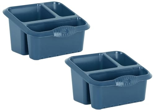Set of 2 - Large 3 Compartment Sink Tidy Silver Sage Strong Plastic Kitchen Sink Caddy with Drainage Holes Sponge Dish Soap Brushes Scrubber Cloths Holders Kitchen Cleaning Organiser (Navy)