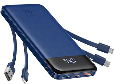 Charmast Power Bank 20000 mAh con Cables Integrados USB C Azul | Carga rápida 22,5 W, pantalla LED, 5 salidas y 4 entradas, compatible con iPhone Huawei Xiaomi