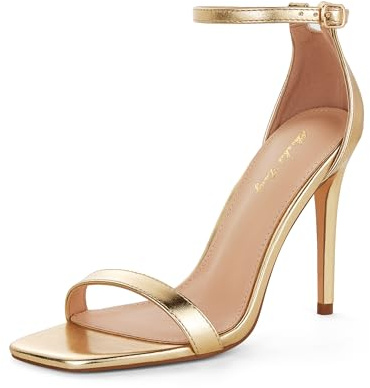 Zhabtuc Décolleté con tacco alto da donna, punta aperta quadrata, cinturino alla caviglia, tacco alto da 11 cm, scarpe eleganti e comode, oro, 39 EU