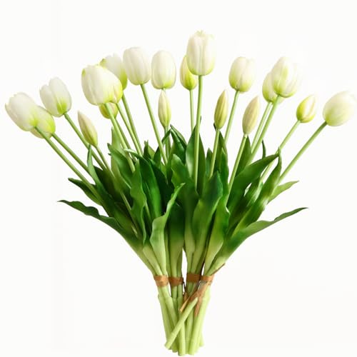 DAYHAP Artificial Flowers 20pcs Fake Tulips Real Touch, Faux Latex Tulips Flowers with Gift Box Soft Faux Tulips Bouquets Arrangements for Party Wedding Home Room Decoration(White)