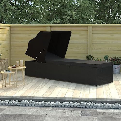 Willood Sonnenliege mit Sonnenschutz und Auflage Poly Rattan Schwarz Outdoor-Liege mit strapazierfähigem Poly-Rattan-Geflecht und Verstellbarer Rückenlehne