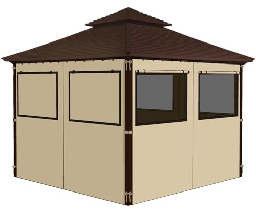 homegroove Gazebo Curtains Outdoor Waterproof 12 * 12ft, Privacy Curtains 4-Panels with Window, Blackout Curtains Set Full Zipper Side Wall Replacement for Garden, Patio, Yard (Only Curtains) Khaki