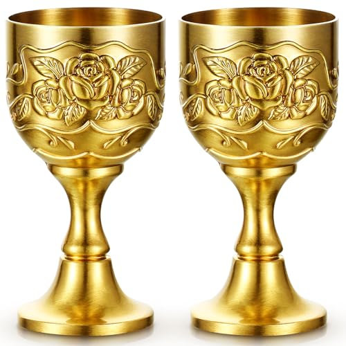 Nosiny 2 mini copas de cáliz vintage de oro, copa de vino de cobre, copa de cáliz medieval, copas de vino de aleación de zinc, copas de chupito en relieve para primera comunión, altar (3 onzas)