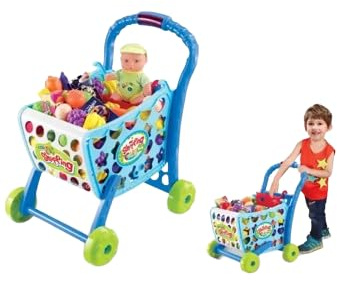 YSAMAX Kids Shopping Trolley With Toy, Encourage Creative Play And Motor Skill Development, Attractive, Colourful And Easy To Carry, Ideal For Gifting Purposes, Blue