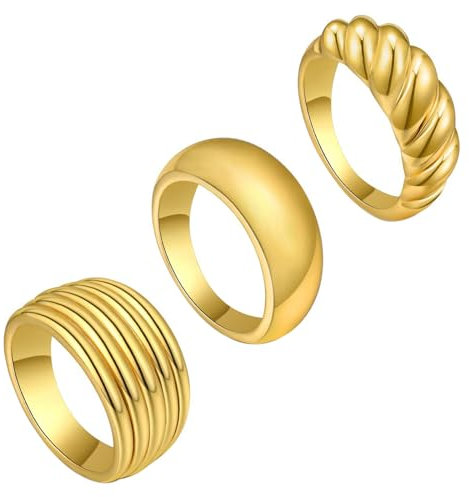 JewelryWe Gold Ringe Damen 3er Set: Edelstahl Vergoldet Chunky Ring Gestreift Croissant Dome Dicke Goldringe Stapelbare Fingerringe Bandring Statement Ring Schmuck Geschenk für Frauen Mädchen Größe 54