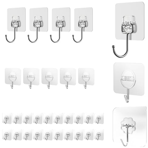 Menz Klebehaken extra stark – 29 Stück Mix mit 3 Varianten – selbstklebende Haken, 180° drehbar–Wand-& Deckenhaken ohne Bohren für Bad, Küche, Fenster und Deko