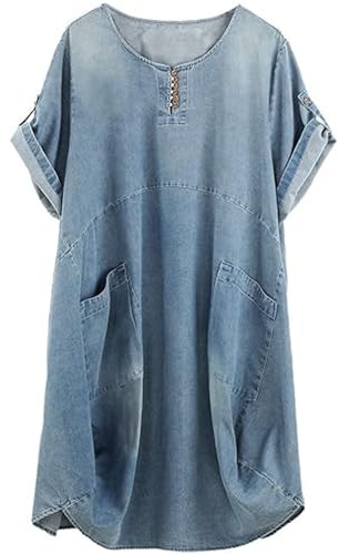 FTCayanz Vestito Donna Manica Corta Abito Tunica Midi Taglie Forti Abiti Lino Camicetta Blu Denim Chiaro XXL