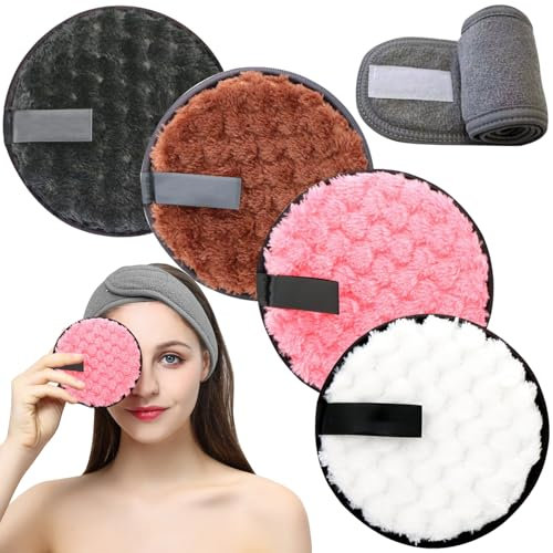 JSTHHTT 8 Dischetti Struccanti Riutilizzabili, Dischetti Struccanti Lavabili, Spugne Detergenti Facciali Riutilizzabili, Adatto Per La Rimozione Del Trucco, La Pulizia Del Viso + Fascia per Capelli